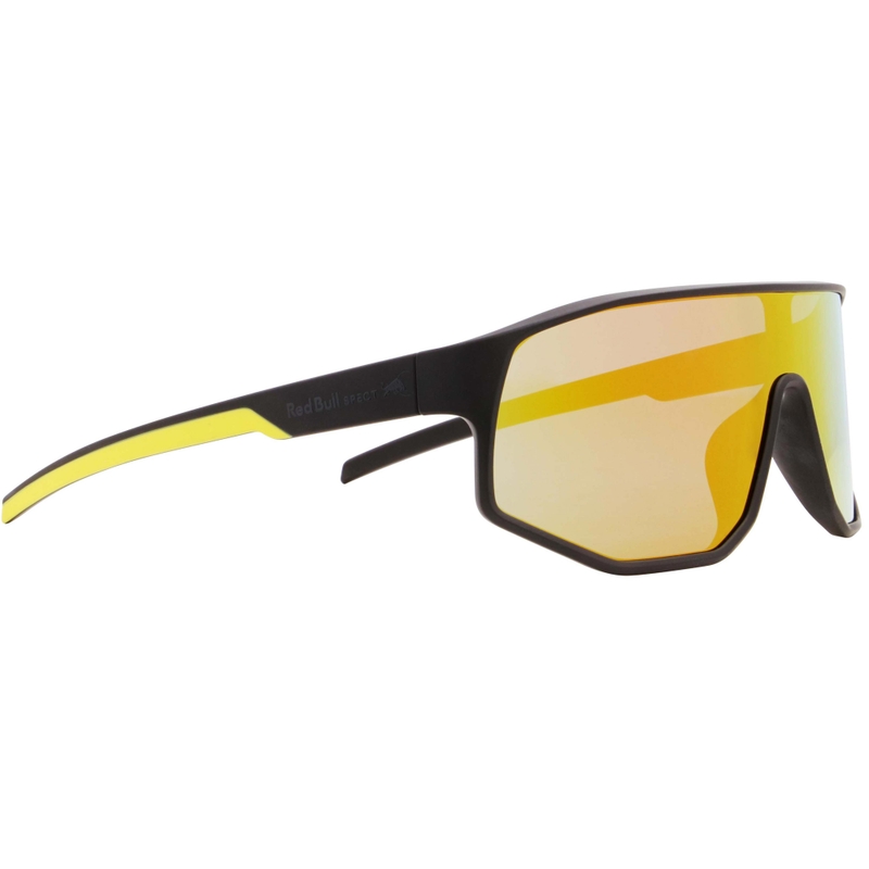 Red Bull Spect Dash zonnebril, zwart met blauw-gele lenzen.