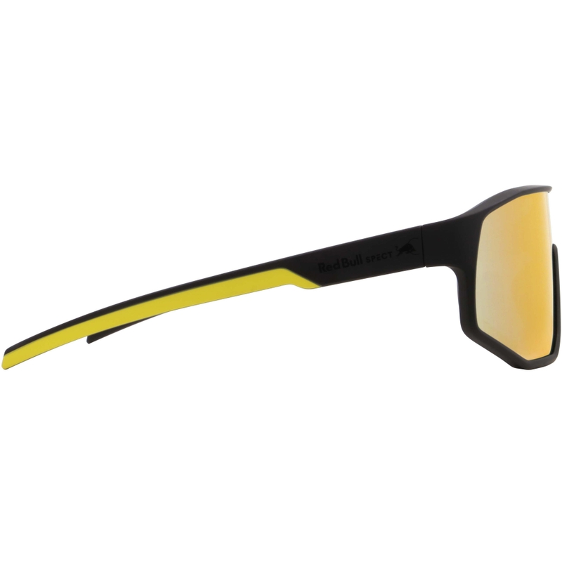 Red Bull Spect Dash zonnebril, zwart met blauw-gele lenzen.