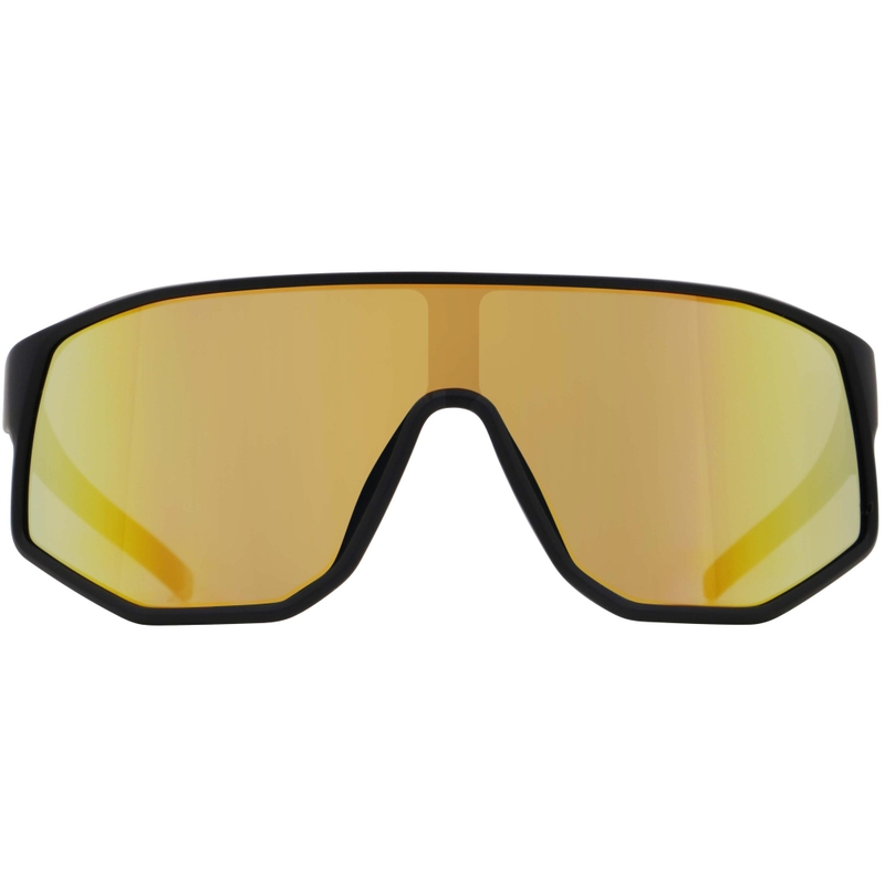 Red Bull Spect Dash zonnebril, zwart met blauw-gele lenzen.