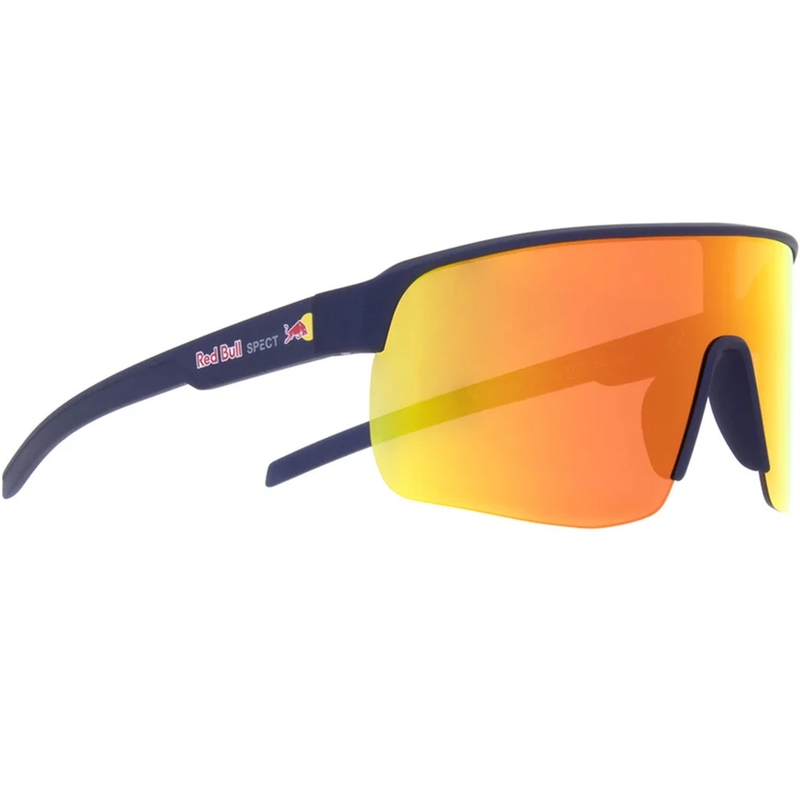 Red Bull Spect Dakota zonnebril, blauw met oranje lens.