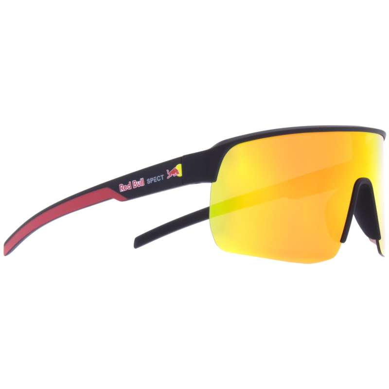 Red Bull Spect Dakota zonnebril, zwart met oranje lens.