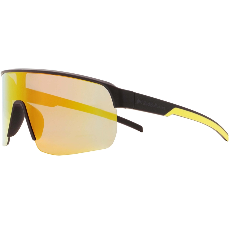Red Bull Spect Dakota zonnebril, zwart met blauw-gele lenzen.