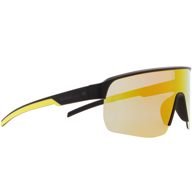 Red Bull Spect Dakota zonnebril, zwart met blauw-gele lenzen.