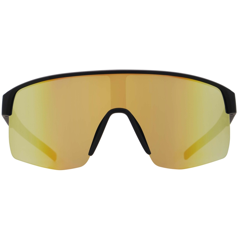 Red Bull Spect Dakota zonnebril, zwart met blauw-gele lenzen.