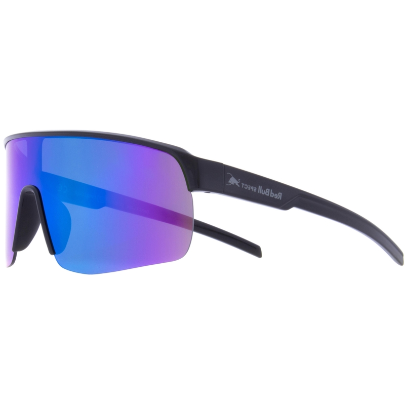 Red Bull Spect Dakota zonnebril, zwart met paarsgroene lenzen.