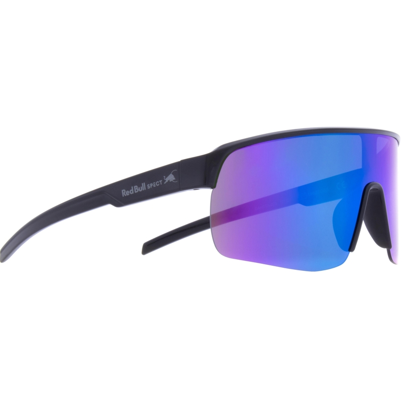 Red Bull Spect Dakota zonnebril, zwart met paarsgroene lenzen.