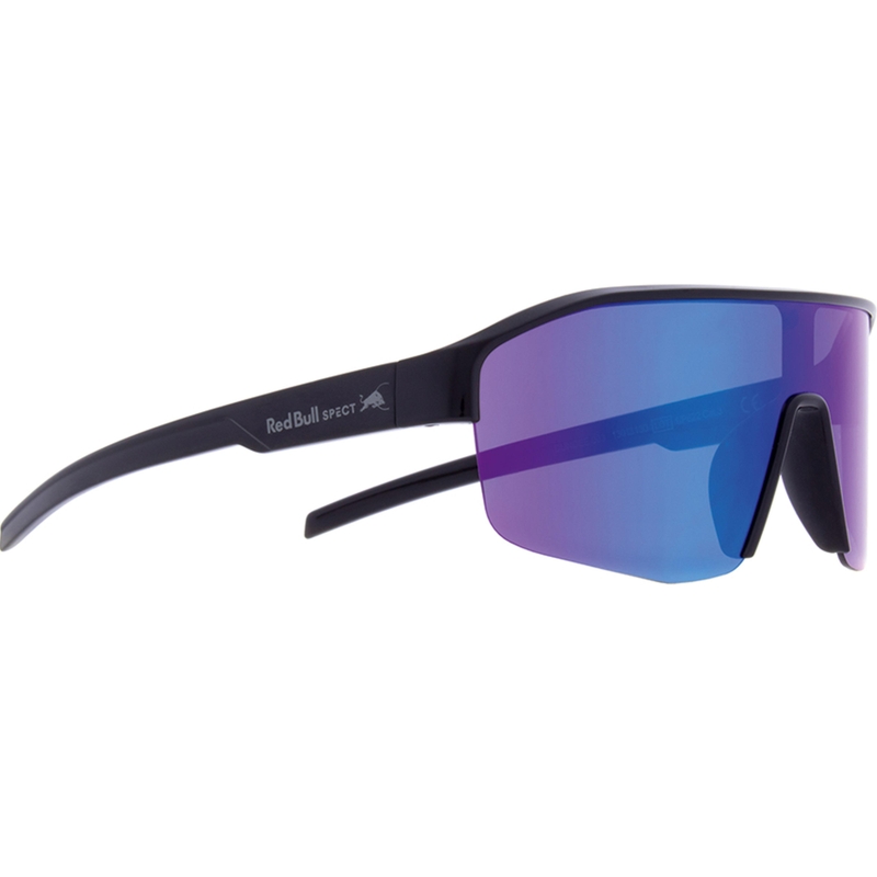 Red Bull Spect Dundee zonnebril, zwart met paarsblauwe glazen.