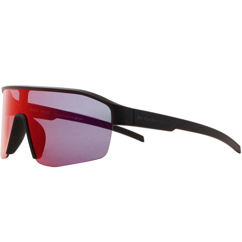 Red Bull Spect Dundee zonnebril, zwart met blauwpaarse glazen.