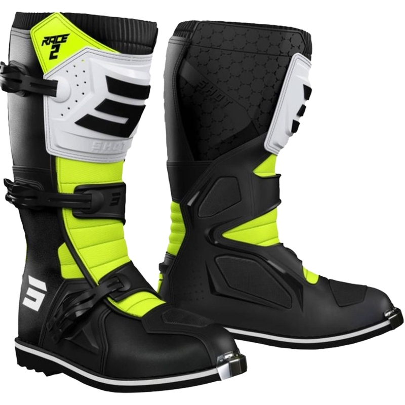 Shot Race 2 kindermotocrosslaarzen zwart-wit-fluorescentiegeel