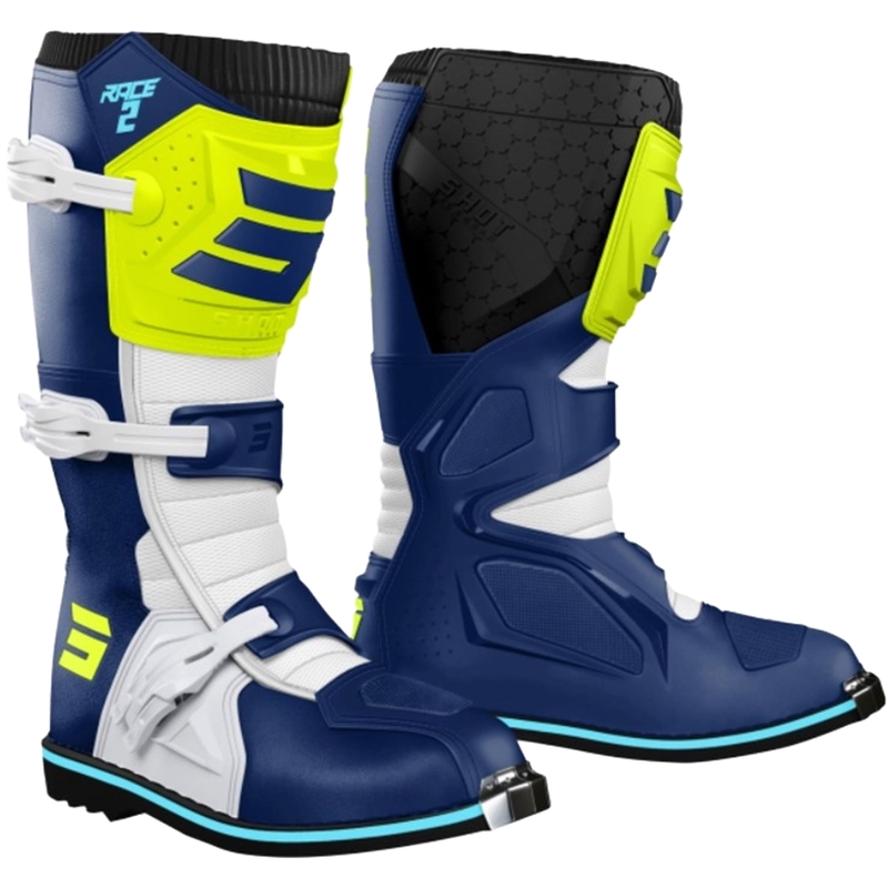 Shot Race 2 kindermotocrosslaarzen in blauw-wit-fluorescentiegeel