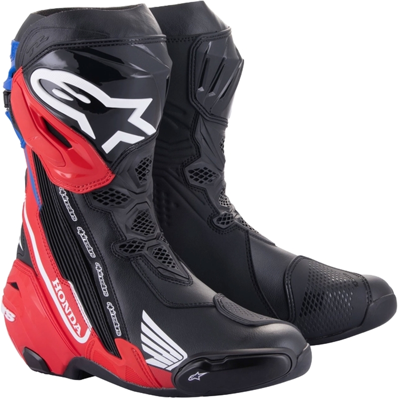 Alpinestars Supertech R Honda motorlaarzen zwart-rood fluo-blauw-wit