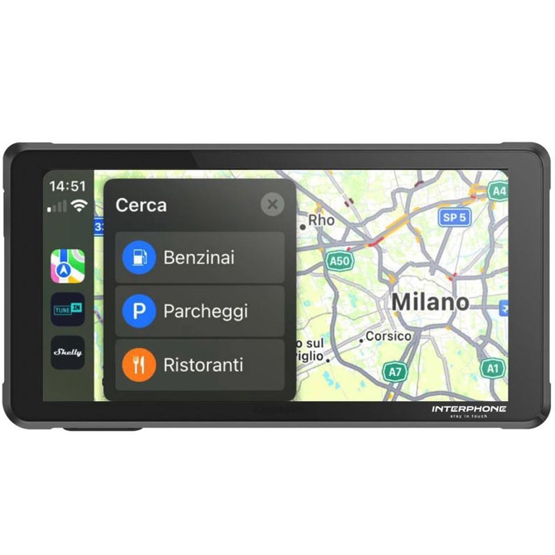 Interphone RideSync zwart, geschikt voor gebruik op de motorfiets met schermspiegeling en beschermend glas.