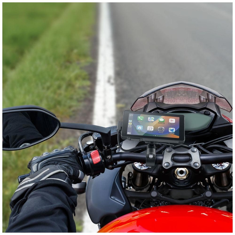 Interphone RideSync zwart, geschikt voor gebruik op de motorfiets met schermspiegeling en beschermend glas.