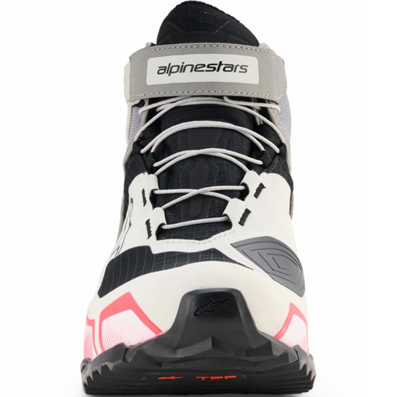 Alpinestars Stella CR-X Drystar motorlaarzen voor dames in de kleuren wit, lichtgrijs, zwart en fluorescerend roze.