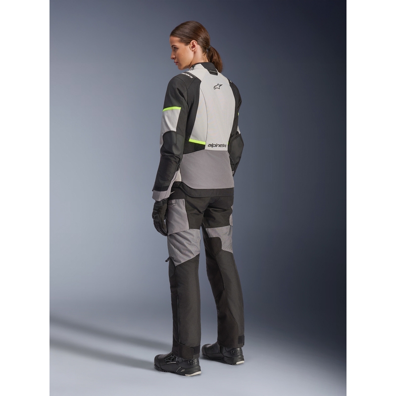 Alpinestars Stella Andes V4 Drystar dames motorjas in de kleuren donkergrijs-lichtgrijs-zwart-fluorescentiegeel.
