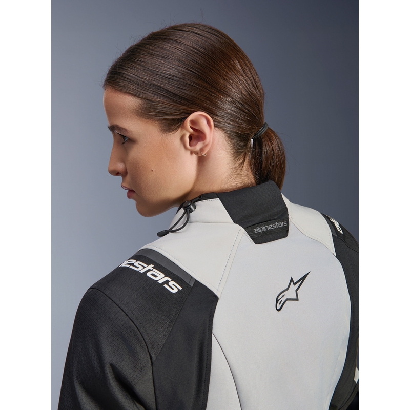 Alpinestars Stella Andes V4 Drystar dames motorjas in de kleuren donkergrijs-lichtgrijs-zwart-fluorescentiegeel.