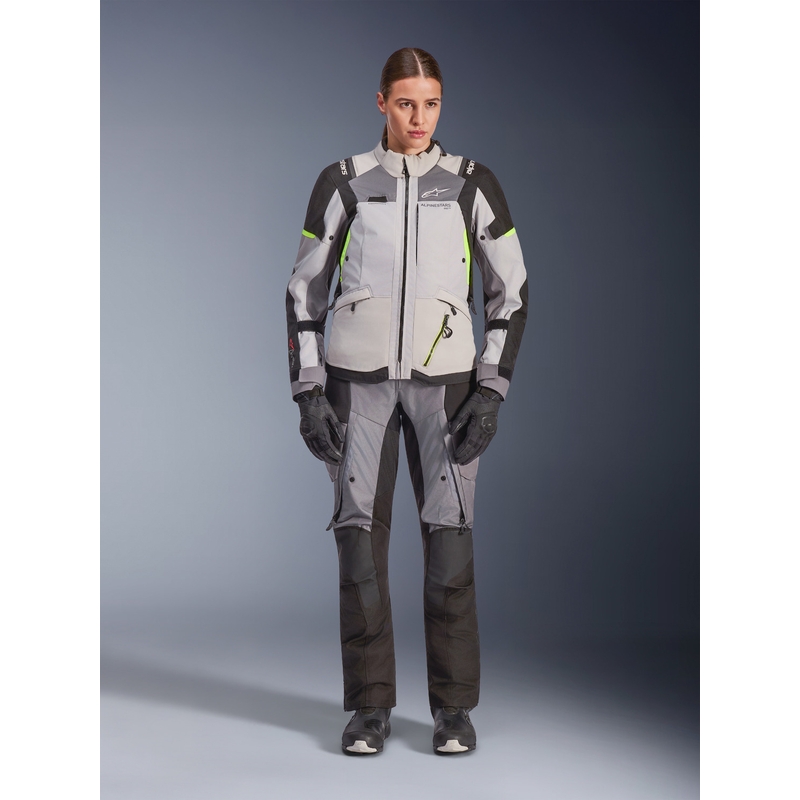 Alpinestars Stella Andes V4 Drystar dames motorjas in de kleuren donkergrijs-lichtgrijs-zwart-fluorescentiegeel.