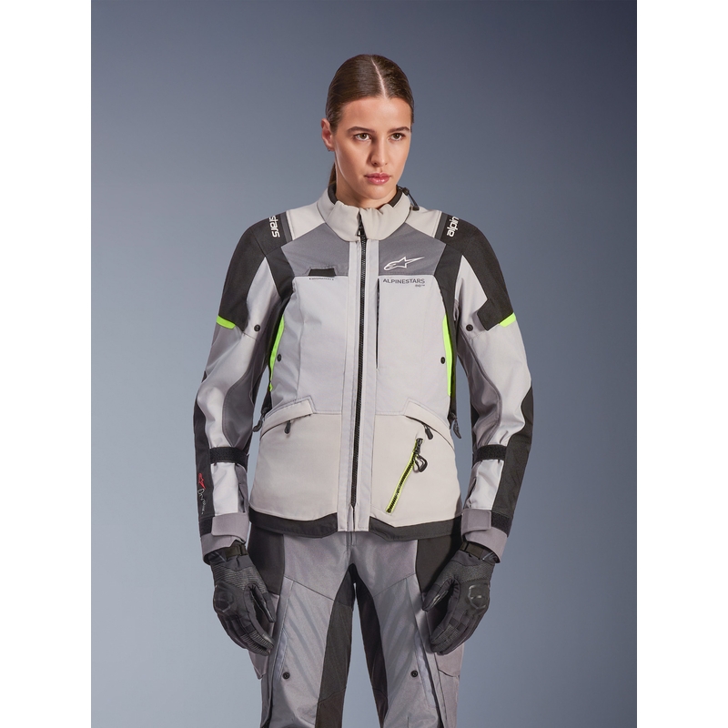Alpinestars Stella Andes V4 Drystar dames motorjas in de kleuren donkergrijs-lichtgrijs-zwart-fluorescentiegeel.
