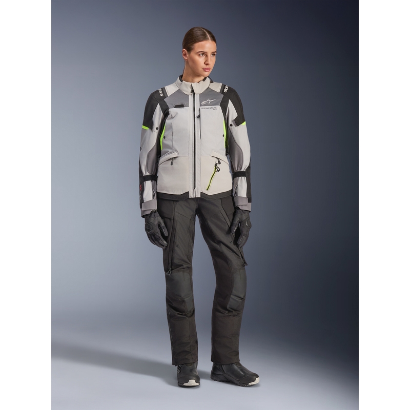 Alpinestars Stella Andes V4 Drystar dames motorjas in de kleuren donkergrijs-lichtgrijs-zwart-fluorescentiegeel.