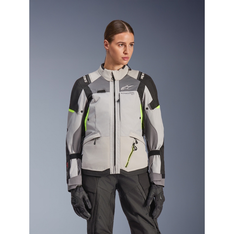 Alpinestars Stella Andes V4 Drystar dames motorjas in de kleuren donkergrijs-lichtgrijs-zwart-fluorescentiegeel.