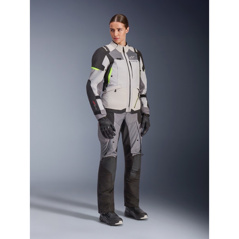 Alpinestars Stella Andes V4 Drystar dames motorjas in de kleuren donkergrijs-lichtgrijs-zwart-fluorescentiegeel.