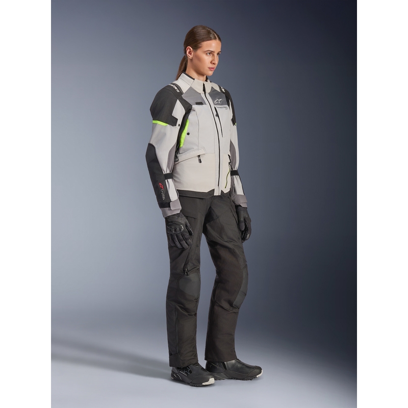Alpinestars Stella Andes V4 Drystar dames motorjas in de kleuren donkergrijs-lichtgrijs-zwart-fluorescentiegeel.