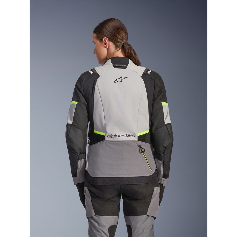 Alpinestars Stella Andes V4 Drystar dames motorjas in de kleuren donkergrijs-lichtgrijs-zwart-fluorescentiegeel.