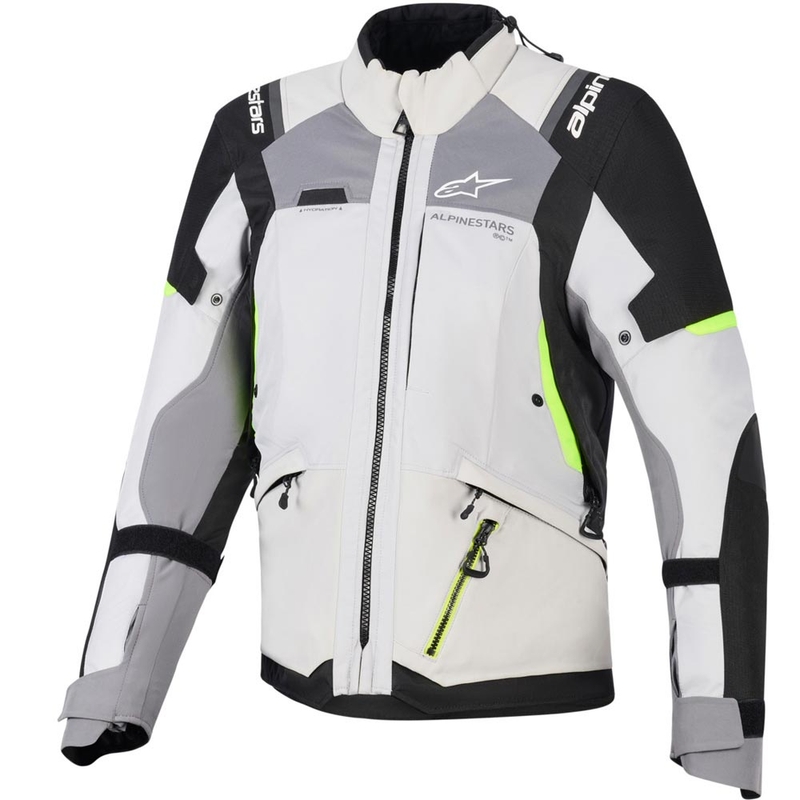 Alpinestars Stella Andes V4 Drystar dames motorjas in de kleuren donkergrijs-lichtgrijs-zwart-fluorescentiegeel.