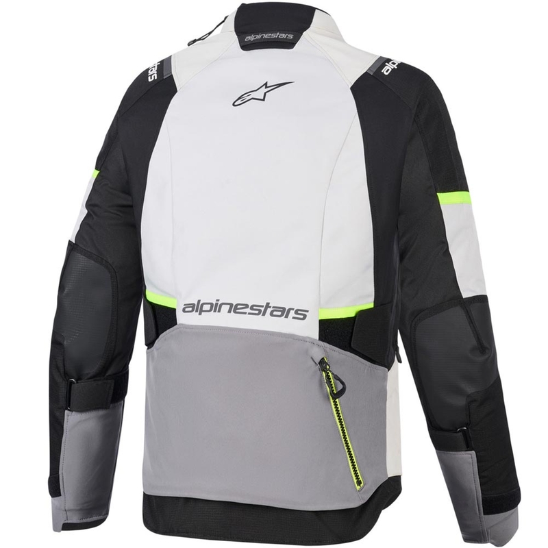 Alpinestars Stella Andes V4 Drystar dames motorjas in de kleuren donkergrijs-lichtgrijs-zwart-fluorescentiegeel.