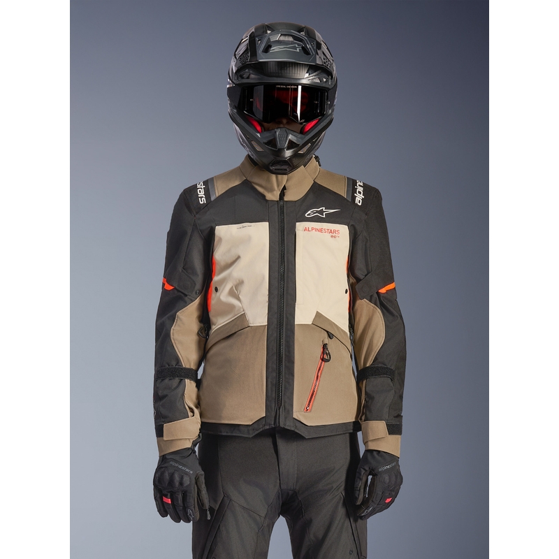 Alpinestars Andes V4 Drystar motorjas in crème-lichtbruin-zwart-fluoranje