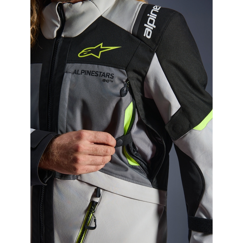 Alpinestars Andes V4 Drystar motorjas in donkergrijs-lichtgrijs-zwart-fluorescentiegeel