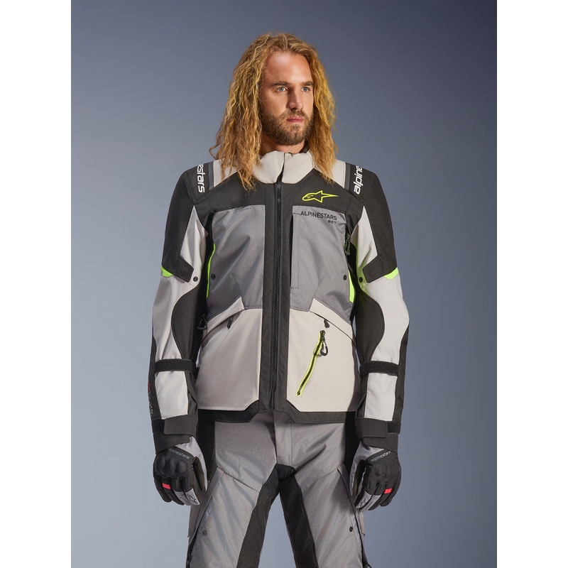 Alpinestars Andes V4 Drystar motorjas in donkergrijs-lichtgrijs-zwart-fluorescentiegeel