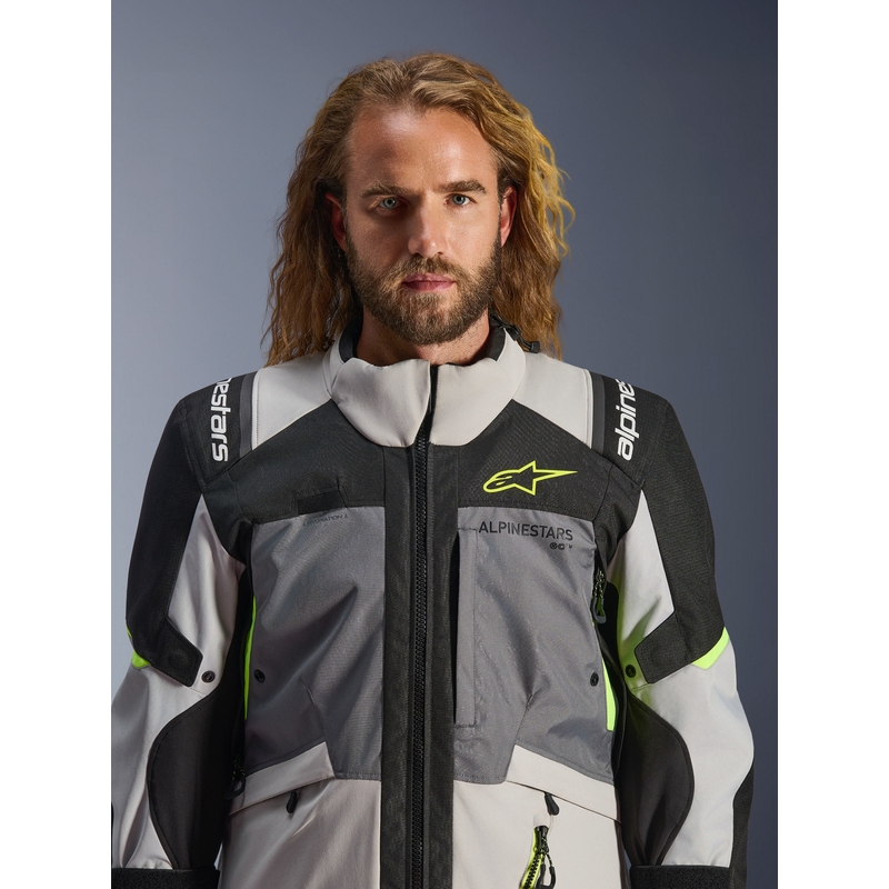 Alpinestars Andes V4 Drystar motorjas in donkergrijs-lichtgrijs-zwart-fluorescentiegeel