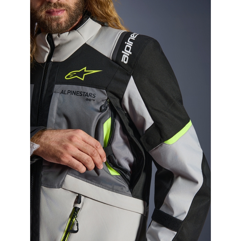 Alpinestars Andes V4 Drystar motorjas in donkergrijs-lichtgrijs-zwart-fluorescentiegeel