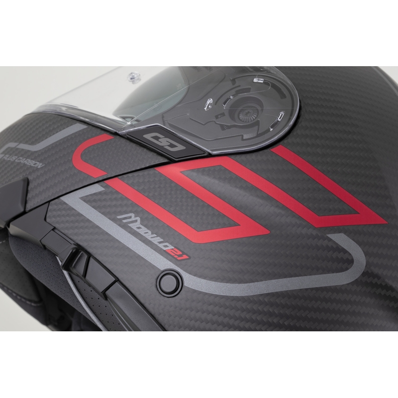 Opklapbare motorhelm Cassida Modulo 2.1 Plus Carbon BlackOut matzwart-metallic rood-reflecterend zilver-zwart