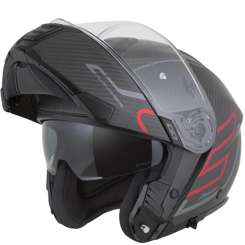 Opklapbare motorhelm Cassida Modulo 2.1 Plus Carbon BlackOut matzwart-metallic rood-reflecterend zilver-zwart