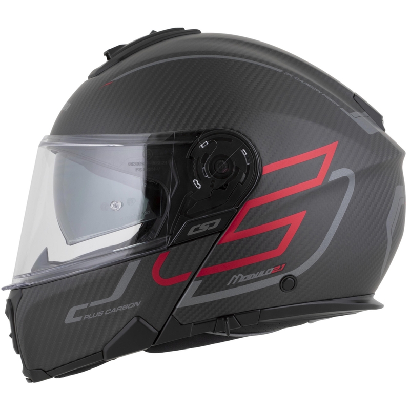 Opklapbare motorhelm Cassida Modulo 2.1 Plus Carbon BlackOut matzwart-metallic rood-reflecterend zilver-zwart