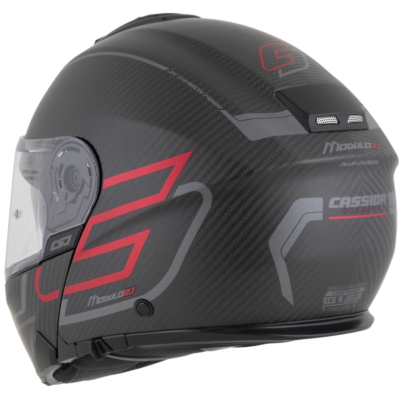 Opklapbare motorhelm Cassida Modulo 2.1 Plus Carbon BlackOut matzwart-metallic rood-reflecterend zilver-zwart