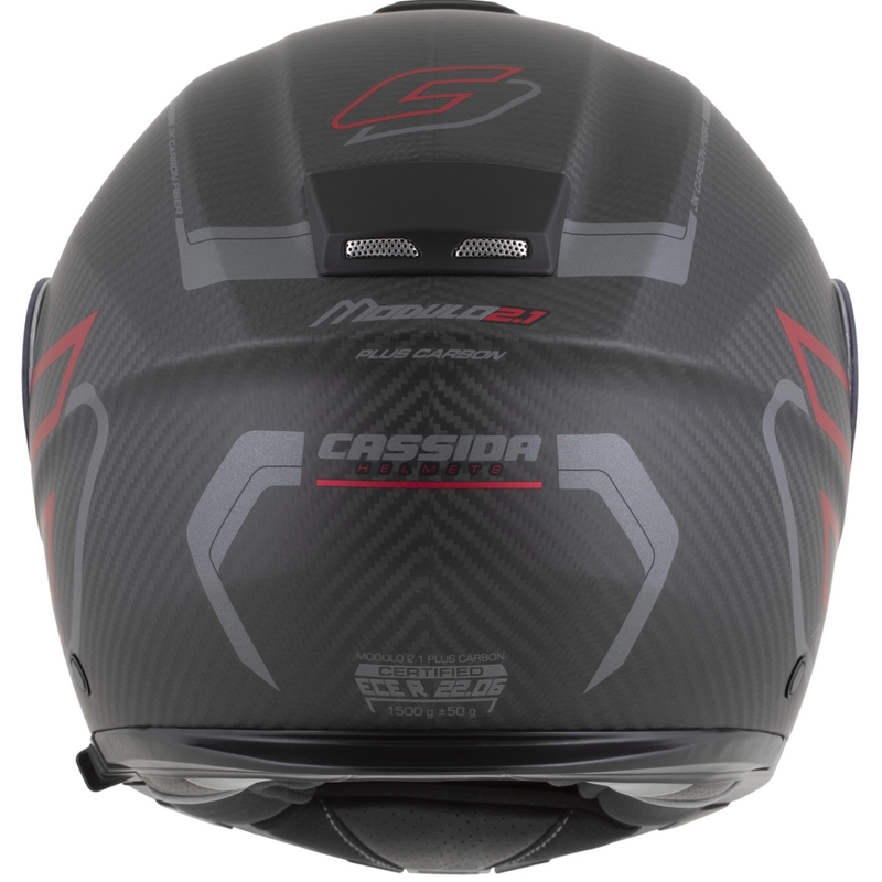 Opklapbare motorhelm Cassida Modulo 2.1 Plus Carbon BlackOut matzwart-metallic rood-reflecterend zilver-zwart