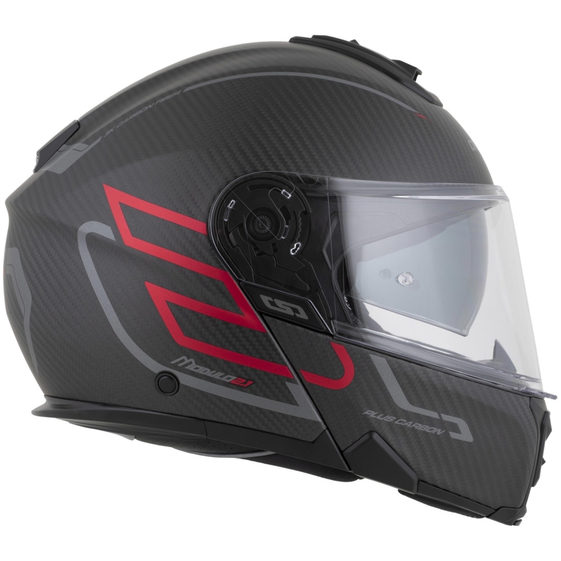 Opklapbare motorhelm Cassida Modulo 2.1 Plus Carbon BlackOut matzwart-metallic rood-reflecterend zilver-zwart