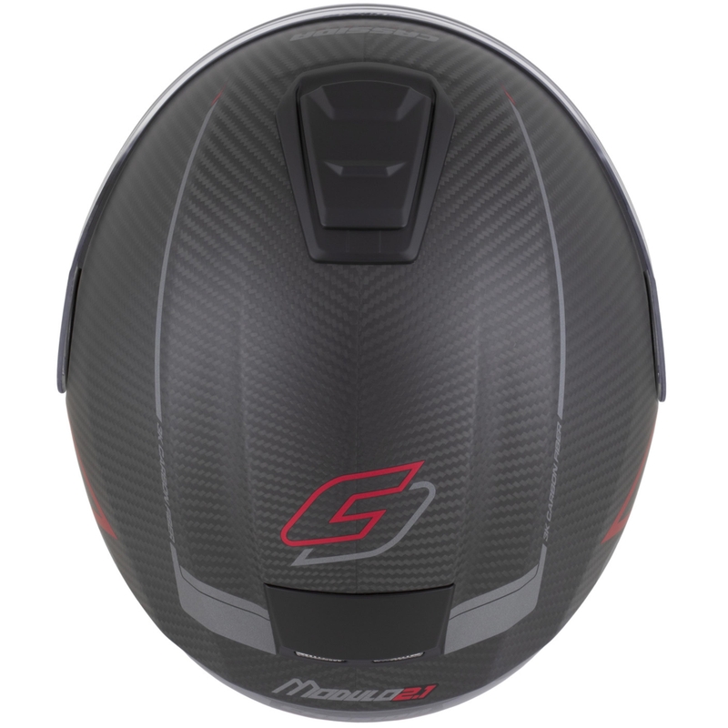 Opklapbare motorhelm Cassida Modulo 2.1 Plus Carbon BlackOut matzwart-metallic rood-reflecterend zilver-zwart