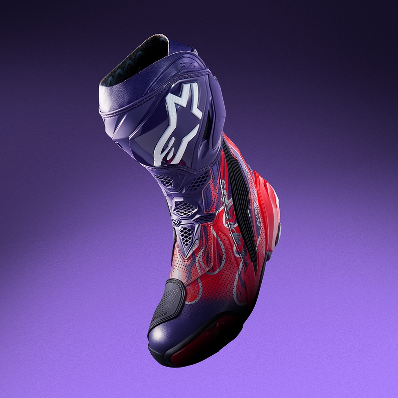 Alpinestars Supertech R Vented Flyte motorlaarzen, gelimiteerde editie Jorge Martin, paars-rood-zwart.