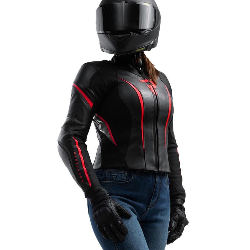 Dames leren motorjas Rebelhorn Diva ST zwart-rood-wit