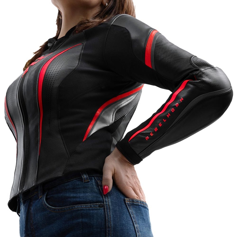 Dames leren motorjas Rebelhorn Diva ST zwart-rood-wit