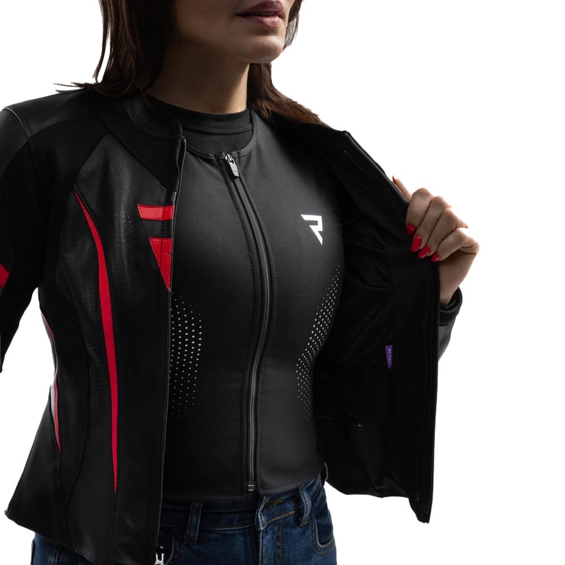 Dames leren motorjas Rebelhorn Diva ST zwart-rood-wit