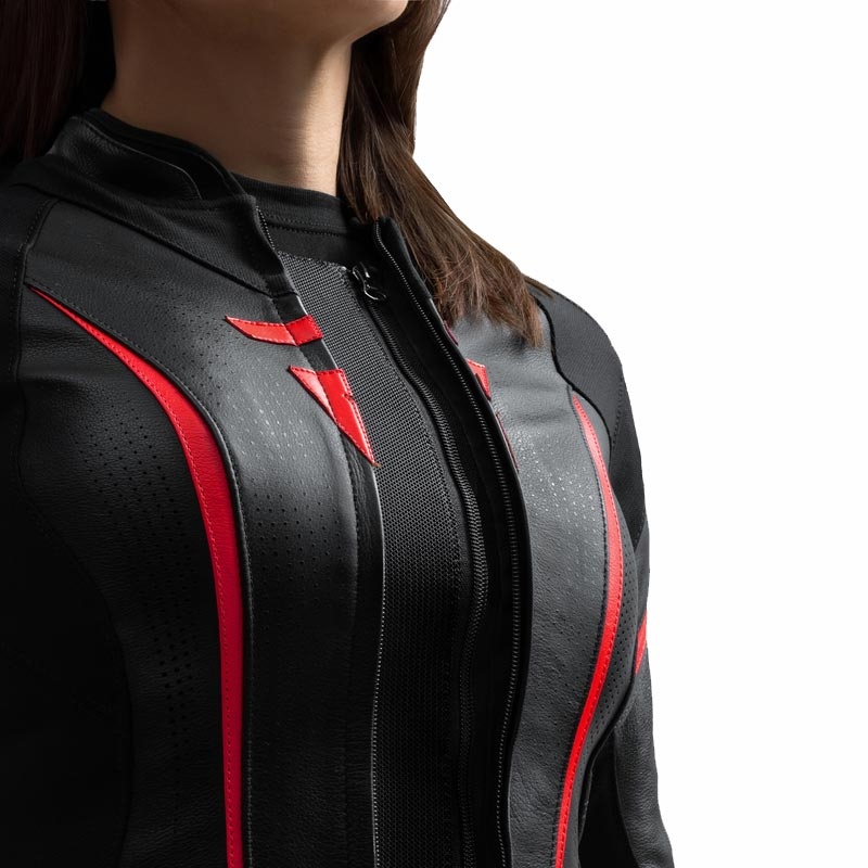 Dames leren motorjas Rebelhorn Diva ST zwart-rood-wit