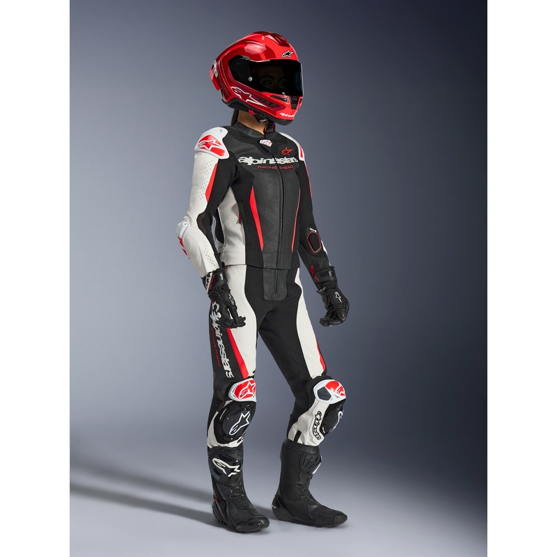 Dames tweedelig leren motorpak Alpinestars Stella GP-R7 zwart-wit-fluorrood