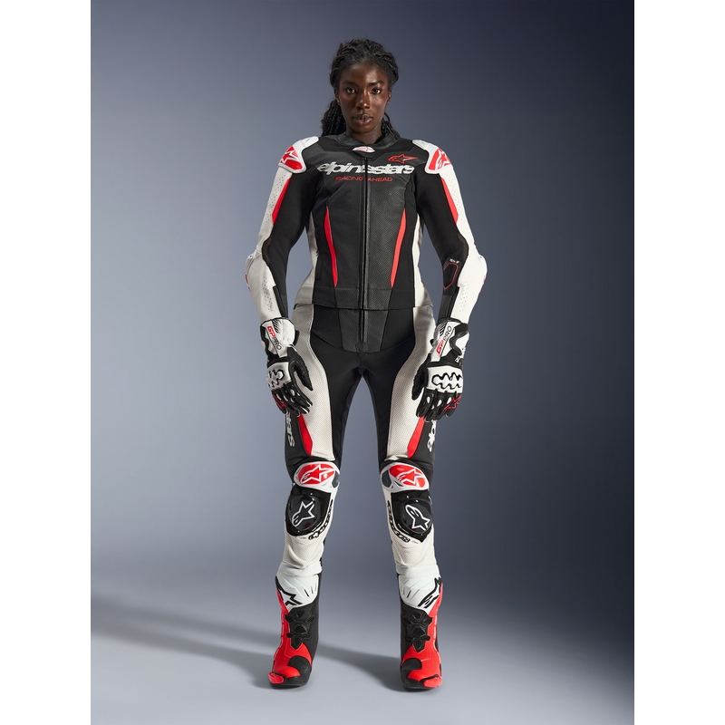 Dames tweedelig leren motorpak Alpinestars Stella GP-R7 zwart-wit-fluorrood