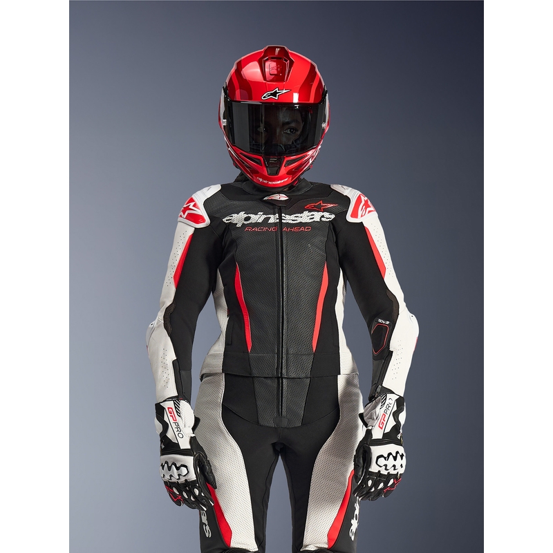 Dames tweedelig leren motorpak Alpinestars Stella GP-R7 zwart-wit-fluorrood