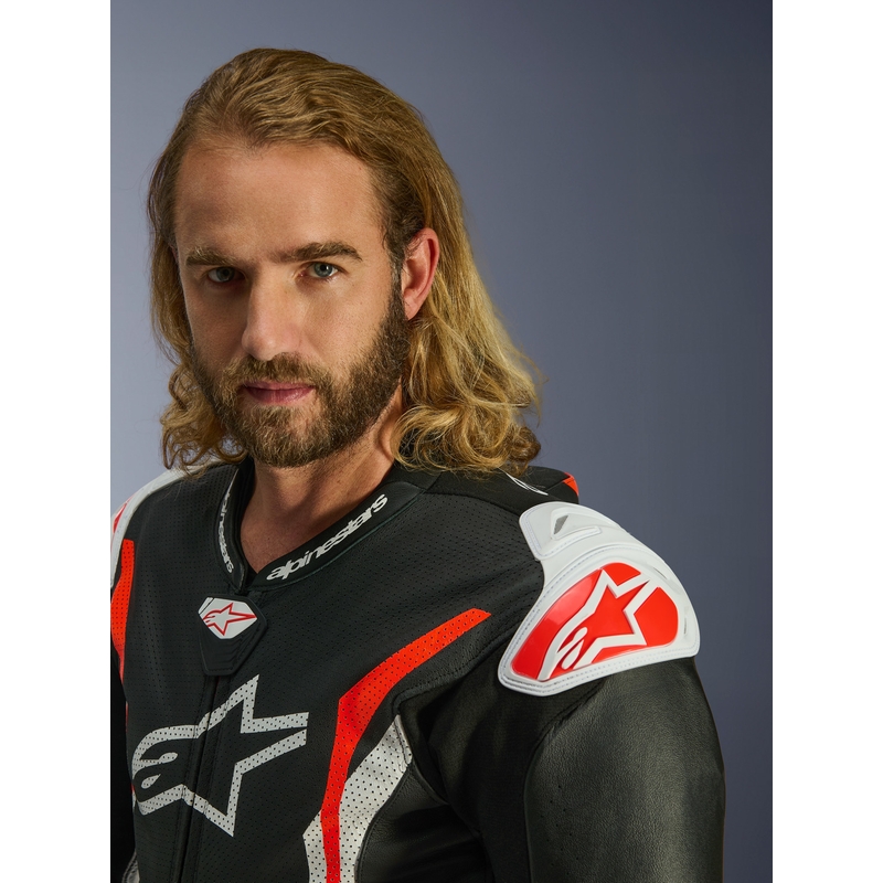 Alpinestars GP TECH V5 eendelig leren motorpak zwart-wit-fluorrood